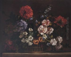 A Still Life Of Roses, Carnations, Delphiniums, Peonies And Lilies, Arranged In A Wicker Basket, Upon A Stone Ledge by Jean-Baptiste Monnoyer
