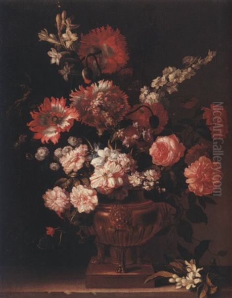 A Still Life Of Roses, Carnations, Stocks, Poppies And Tobacco Plants, Arranged Within A Gilt Urn, Together With A Sprig Of Orange-blossom Upon A Stone Ledge - view 1