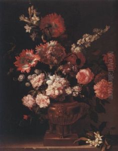 A Still Life Of Roses, Carnations, Stocks, Poppies And Tobacco Plants, Arranged Within A Gilt Urn, Together With A Sprig Of Orange-blossom Upon A Stone Ledge by Jean-Baptiste Monnoyer