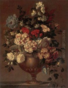 Still Life Of Zinnias, Carnations, Morning Glories And Other Flowers In A Bronze Vase Resting On A  Ledge