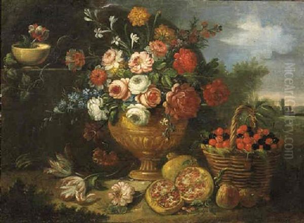Mixed Flowers In A Vase With Cherries In A Basket, A Pomegranate And Flowers In A Landscape - view 1