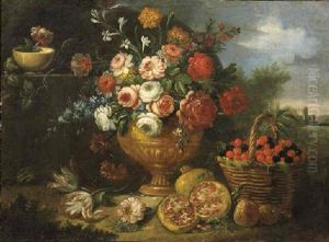 Mixed Flowers In A Vase With Cherries In A Basket, A Pomegranate And Flowers In A Landscape