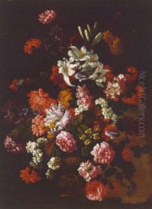 Roses, Carnations, Lilies, Blue Bells, Morning Glory And Other Flowers In An Urn On A Ledge by Jean-Baptiste Monnoyer