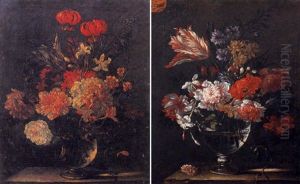 Bouquet De Fleurs Dans Un Vase En Verre Sur Un Entablement by Jean-Baptiste Monnoyer