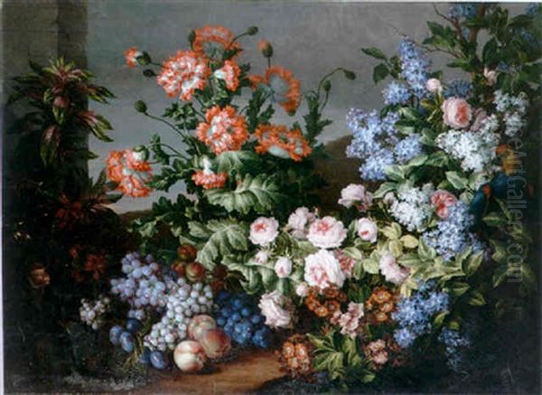 Poppies, Roses, Lilac, Primula And Other Flowers, Grapes, Plums And Peaches, With A Monkey And A Parrot In A Landscape - view 1