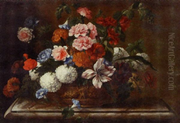 Flowers In A Gold Urn On A Marble Tabletop - view 1