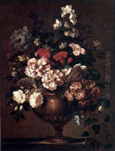 A Still Life With Zinnias, Carnations And Other Flowers In A Bronze Vase On A Ledge