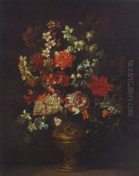 Still Life Of Roses, Carnations, Narcissi And Other Flowers In A Sculpted Vase On A Ledge - view 1