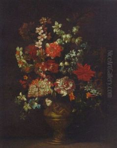 Still Life Of Roses, Carnations, Narcissi And Other Flowers In A Sculpted Vase On A Ledge