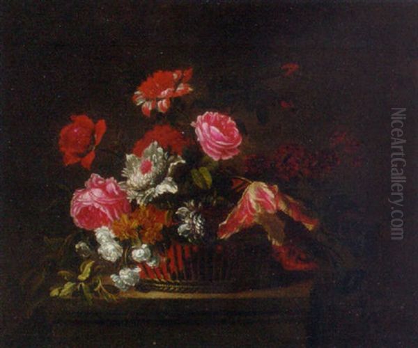Flowers In A Basket On A Ledge - view 1