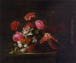 Flowers In A Basket On A Ledge by Jean-Baptiste Monnoyer