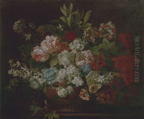 Still Life Of Various Flowers In A Wicker Basket Upon A Stone Ledge - view 1