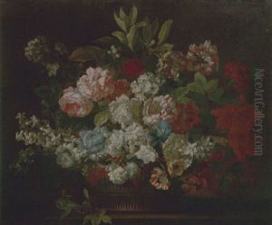 Still Life Of Various Flowers In A Wicker Basket Upon A Stone Ledge by Jean-Baptiste Monnoyer
