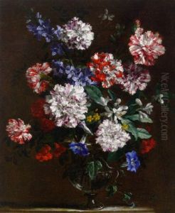 Carnations, A Delphinium, A Morning Glory, An Apple Blossom, And Other Flowers In A Vase On A Ledge Carnations, A Delphinium, A Morning Glory, An Apple Blossom, And Other Flowers In A Vase On A Ledge
