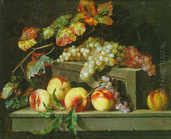 Nature Morte De Peches Et De Raisins Sur Des Entablements De Pierre Sculptee - view 1
