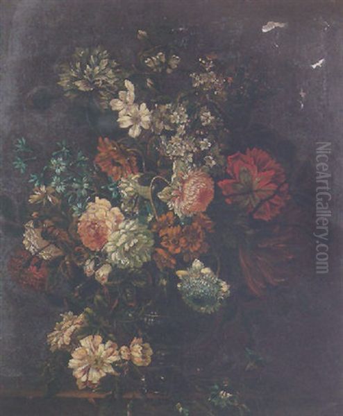 Still Life Of Roses, Carnations, Hyacinths And Other Flowers In A Glass Vase Upon A Stone Plinth - view 1