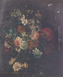 Still Life Of Roses, Carnations, Hyacinths And Other Flowers In A Glass Vase Upon A Stone Plinth