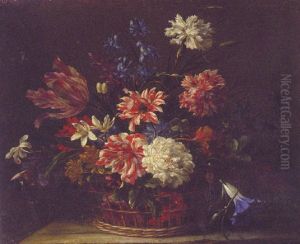 Flowers In A Basket On A Ledge by Jean-Baptiste Monnoyer
