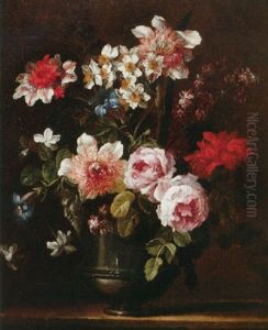 A Still Life Of Roses, Carnations, Chrysanthemums And Other Flowers In A Pewter Urn, Decorated With A Sculpted Satyr Head