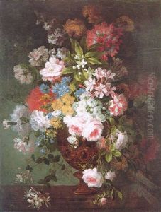A Still Life Of Roses, Cornflowers, Orange Blossom, Honeysuckle And Other Flowers In A Moulded Bronze Vase On A Stone Ledge by Jean-Baptiste Monnoyer