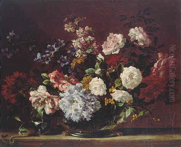 A Still Life Of Hyacinths, Roses, Convolvulus And Other Flowers In A Gilt Mounted Silver Vase On A Stone Ledge - view 1