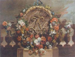 Flowers Surrounding A Sculpted Cartouche Bearing The French Royal Insignia by Jean-Baptiste Monnoyer