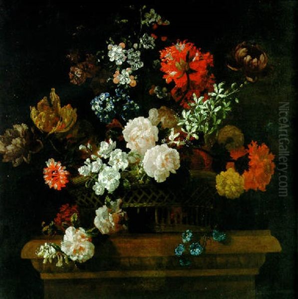 Roses, Convolvulus, Spider Lilies And Other Flowers In A Basket On A Pedestal - view 1
