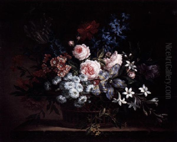 A Still Life Of Roses, Azaleas, Variegated Tulips And Other Flowers In A Wicker Basket, Upon A Stone Ledge - view 1