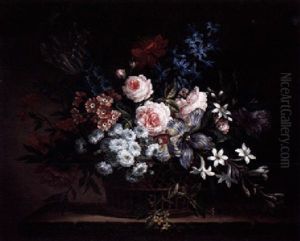 A Still Life Of Roses, Azaleas, Variegated Tulips And Other Flowers In A Wicker Basket, Upon A Stone Ledge by Jean-Baptiste Monnoyer