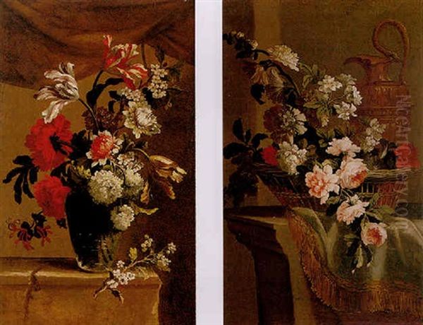 A Still Life Of Various Flowers In A Glass Vase, On A Stone Ledge - view 1