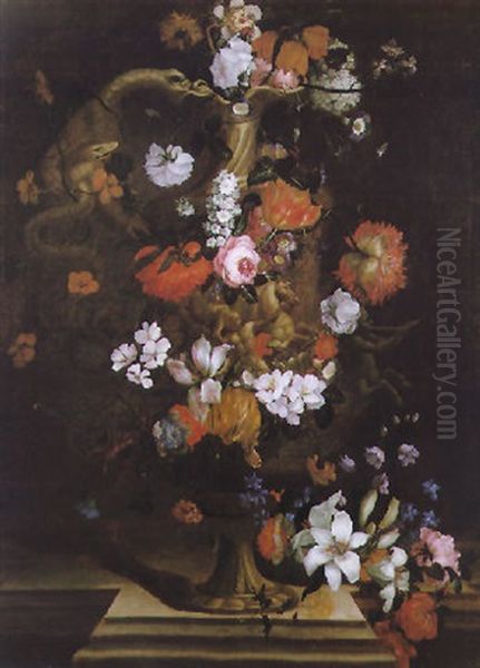 Still Life Of Flowers Cascading From A Vase With A Serpent-shaped Handle - view 1