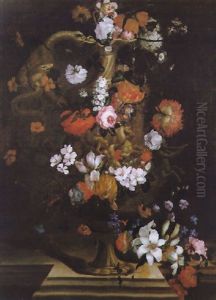 Still Life Of Flowers Cascading From A Vase With A Serpent-shaped Handle by Jean-Baptiste Monnoyer