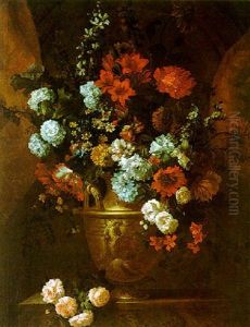 A Still Life Of Roses, Parrot Tulips, Lilac, Marigolds And Other Flowers In A Sculpted Vase Upon A Stone Plinth Within A Niche