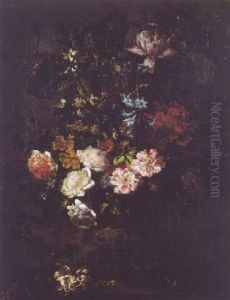 A Still Life Of Tulips, Poppies, Roses, Hyacinths, Orange Blossom, And Other Flowers In A Bronze Vase On A Stone Ledge by Jean-Baptiste Monnoyer