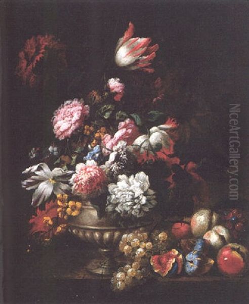 Tulips. Roses, Poppies And Other Flowers In A Vase With Fruit On A Ledge - view 1