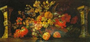 Still Life Of A Basket Of Flowers On A Ledge Between Baluster Vases Still Life Of A Basket Of Flowers On A Ledge Between Baluster Vases