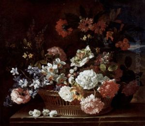 Roses, Narcissi And Other Flowers In A Wicker Basket On A Stone Ledge, A Landscape Beyond by Jean-Baptiste Monnoyer