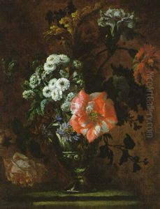 Blumenstraus Von Rosen, Nelken, Chrysanthemen Und Anderen Bluten In Einer Prunkvase by Jean-Baptiste Monnoyer