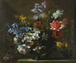 Narcissi, Peonies And Other Flowers In A Glass Vase On A Ledge by Jean-Baptiste Monnoyer