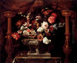 A Still Life Of Various Flowers In A Silver Gilt Urn, Flanked By Two Torcheres, An Embroidered Curtain Draped Behind