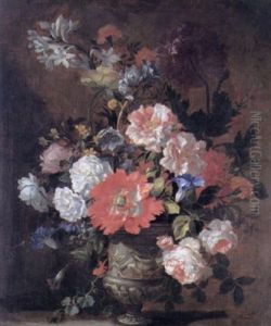 Still Life Of Roses, A Poppy, Peonies, Hyacinths, Convolvulus And Other Flowers In A Stone Vase On A Stone Ledge
