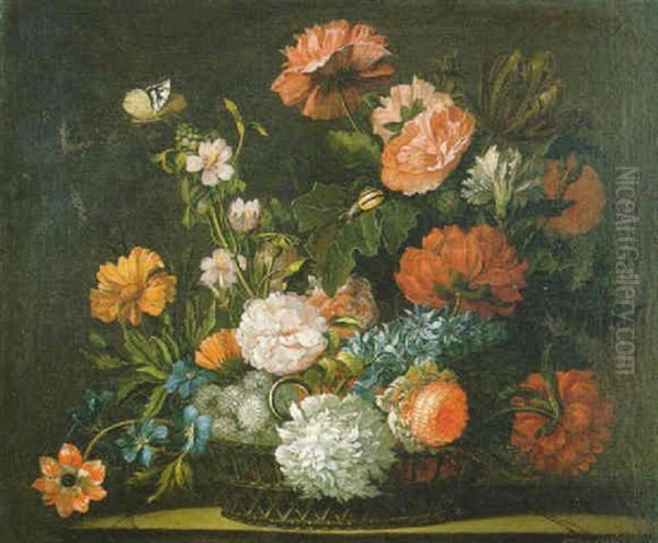 Anemones, Dahlias, Peonies And Tulips In A Basket - view 1