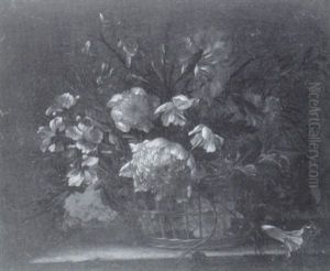 Bouquet De Fleurs Dans Une Corbeille D'osier Sur Un Entablement Bouquet De Fleurs Dans Une Corbeille D'osier Sur Un Entablement