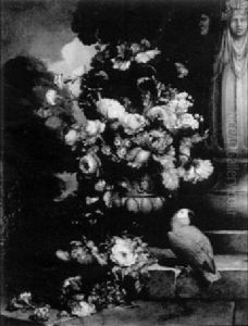 Still Life Of A Vase Of Flowers In A Stone Urn And Parrot by Jean-Baptiste Monnoyer