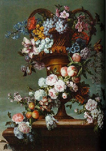 Grapes, Roses, Tulips, Hyacinth, Peaches, Plums And Other Flowers Entwined Around A Vase - view 1