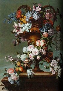 Grapes, Roses, Tulips, Hyacinth, Peaches, Plums And Other Flowers Entwined Around A Vase Grapes, Roses, Tulips, Hyacinth, Peaches, Plums And Other Flowers Entwined Around A Vase