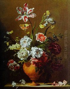 Tulips, Irises, Poppies And Other Flowers In A Terracotta Vase With Petals On A Stone Ledge