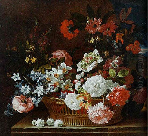 Roses, Narcissi, A Hyacinth, Primulae And Other Flowers In A Wicker Basket, Landscape Beyond - view 1