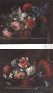 Roses, Carnations, A Parrot Tulip, A Poppy And Other Flowers In A Basket On A Ledge