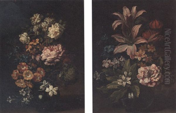 Lilies, Carnations, Narcissi And Other Flowers In A Glass Bowl - view 1